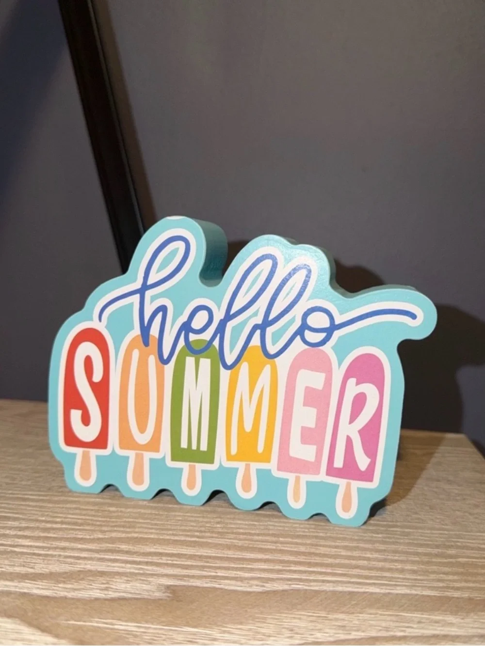 Hello Summer solid wooden Sign. Cheerful tabletop decor.